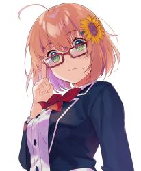 Rule 34 | 1girl, absurdres, ahoge, blazer, blush, bow, breasts, brown hair, closed mouth, eyes visible through hair, flower, from below, glasses, green eyes, hair flower, hair ornament, hand up, highres, honma himawari, index finger raised, jacket, long sleeves, looking at viewer, looking down, nijisanji, red neckwear, ribbon, school uniform, shirt, short hair, simple background, solo, standing, sunflower, sunflower hair ornament, sweatdrop, upper body, virtual youtuber, white background, white shirt, yumesaki nana