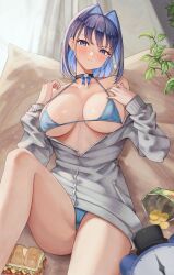 Rule 34 | 1girl, absurdres, bikini, bikini under clothes, black choker, blue bikini, blue eyes, blue hair, blush, breasts, cameltoe, chips (food), choker, colored inner hair, food, frown, gem, grey jacket, hair intakes, hand on own chest, highres, hololive, hololive english, jacket, knee up, kronie (ouro kronii), large breasts, long sleeves, looking at viewer, lying, micro bikini, multicolored hair, nannachu7, on back, open clothes, open jacket, orange nails, ouro kronii, partially unzipped, pillow, potato chips, purple hair, sandwich, short hair, solo, sweatdrop, swimsuit, thighs, virtual youtuber, zipper, zipper pull tab