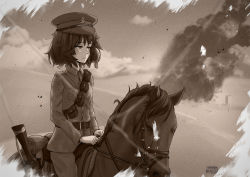 Rule 34 | 1girl, akiyama yukari, artist name, belt, closed mouth, cloud, cloudy sky, commentary, commission, dated, day, desert, english commentary, epaulettes, frown, girls und panzer, gun, half-closed eyes, hat, horizon, horse, horseback riding, jacket, long sleeves, looking to the side, messy hair, military, military hat, military uniform, monochrome, nyaxxy, outdoors, pants, peaked cap, pouch, riding, rifle, sam browne belt, sepia, short hair, signature, sky, smoke, solo, texture, uniform, weapon, world war i