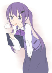 Rule 34 | 1girl, between legs, blush, breath, clipboard, embarrassed, female focus, gochuumon wa usagi desu ka?, hair ornament, hairclip, hand between legs, hand up, have to pee, hinahizu, holding, leaning forward, long hair, long sleeves, looking at viewer, matching hair/eyes, neck ribbon, open mouth, peeing, peeing self, purple hair, purple ribbon, purple skirt, purple vest, ribbon, shirt, simple background, skirt, solo, standing, tedeza rize, twintails, vest, wet, wet clothes, white background, white shirt