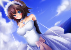 Rule 34 | 1girl, aosuke (ayakawa akito), arms behind back, bare shoulders, blue eyes, blush, bow, brown hair, choker, cloud, collarbone, day, detached sleeves, dress, dutch angle, looking at viewer, maid headdress, ocean, original, short hair, sky, smile, solo, strapless, strapless dress, tears