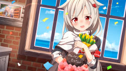 Rule 34 | 1girl, ame., armband, artist self-reference, azur lane, black shirt, blue sky, blush, bow, brick wall, cake, cape, cleveland (azur lane), cloud, commentary request, confetti, day, flower, food, grey hair, hair flaps, hair ornament, hairclip, happy birthday, head tilt, heart, horizon, indoors, long hair, long sleeves, montpelier (azur lane), ocean, open mouth, overalls, photo (object), picture frame, red bow, red eyes, shirt, sky, solo, tulip, upper body, water, white cape, yellow flower, yellow tulip