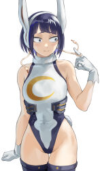 Rule 34 | 1girl, absurdres, animal ears, bags under eyes, bare shoulders, blue eyes, blue hair, blush, boku no hero academia, breasts, closed mouth, collarbone, cosplay, covered navel, double bun, fangs, fengling (furin-jp), gloves, groin, hair bun, hands up, heattech leotard, highres, hip bones, jirou kyouka, large breasts, legs, looking at viewer, messy hair, mirko, mirko (cosplay), navel, rabbit ears, rabbit tail, short hair, simple background, skin tight, sleeveless, sleeveless turtleneck, sleeveless turtleneck leotard, small breasts, solo, tail, thighhighs, tight clothes, turtleneck, white background, white gloves, wide hips