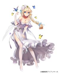 Rule 34 | 1girl, bare shoulders, bird, blonde hair, blue butterfly, blue eyes, blush, bow, braid, breasts, bride, bug, butterfly, cleavage, collarbone, commentary, copyright name, covered navel, d. (ddot2018), detached sleeves, dress, earrings, elbow gloves, eyelashes, fingerless gloves, fingernails, floating, floating hair, flower, frilled dress, frilled sleeves, frills, full body, garter straps, gloves, hair between eyes, hair flower, hair ornament, hair ribbon, hairband, high heels, highres, hummingbird, insect, iron saga, jewelry, lace, lace-trimmed gloves, lace-trimmed legwear, lace trim, large breasts, leaf, long hair, looking at viewer, necklace, nose blush, official art, parted lips, pumps, ribbon, shoes, simple background, single braid, sleeveless, sleeveless dress, solo, standing, standing on one leg, stiletto heels, strapless, strapless dress, tapfer (iron saga), tareme, thighhighs, very long hair, wedding dress, white background, white dress, white flower, white footwear, white gloves, white thighhighs, yellow butterfly