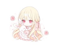 Rule 34 | 1girl, blonde hair, blush, bow, chibi, closed mouth, dress, floral background, flower, frilled dress, frills, hair ribbon, long hair, looking at viewer, mattang, original, petals, pink bow, pink flower, pink ribbon, pink rose, red eyes, ribbon, rose, smile, solo, striped, striped bow, stuffed animal, stuffed rabbit, stuffed toy, very long hair, white background, white dress
