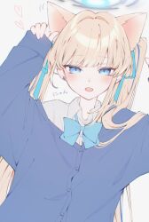 Rule 34 | 1girl, alternate costume, alternate hairstyle, animal ears, blonde hair, blue archive, blue bow, blue bowtie, blue eyes, blue halo, blue jacket, blush, bow, bowtie, cat ears, cat girl, commentary request, earpiece, halo, highres, hk nnm, jacket, kemonomimi mode, looking at viewer, open mouth, shirt, sleeves past wrists, solo, toki (blue archive), twintails, upper body, white shirt
