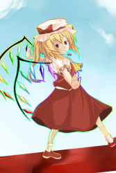 Rule 34 | 1girl, bad id, bad pixiv id, blonde hair, female focus, flandre scarlet, hat, mob cap, outstretched arms, ponytail, ribbon, short hair, solo, spread arms, touhou, walking, wings
