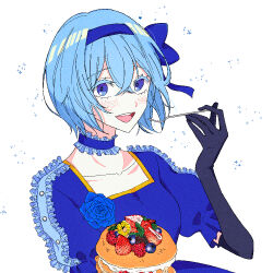 Rule 34 | 1girl, black gloves, blue bow, blue choker, blue dress, blue eyes, blue hair, blue hairband, bow, cake, choker, claire elford, collarbone, colored eyelashes, dress, elbow gloves, food, fork, frilled choker, frills, gloves, hair bow, hairband, holding, holding cake, holding food, holding fork, jaggy lines, light blush, looking at viewer, nunso, open mouth, puffy short sleeves, puffy sleeves, short hair, short sleeves, simple background, smile, solo, sparkle, teeth, upper teeth only, white background, witch&#039;s heart