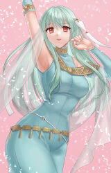 Rule 34 | 1girl, absurdres, aqua hair, arm up, armpits, bare shoulders, belly chain, blue hair, breasts, circlet, commentary, dress, fire emblem, fire emblem: the blazing blade, hair ornament, hazuki (nyorosuke), highres, jewelry, large breasts, long dress, long hair, looking at viewer, mermaid dress, ninian (fire emblem), nintendo, open mouth, pink background, red eyes, simple background, sleeveless, sleeveless dress, smile, solo, veil