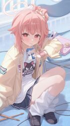 Rule 34 | 1girl, absurdres, black footwear, black skirt, blue archive, blush, closed mouth, drink, drinking, drinking straw, drinking straw in mouth, fingernails, food, halo, highres, holding, holding drink, jacket, long hair, long sleeves, looking at viewer, loose socks, midori xu, natsu (band) (blue archive), natsu (blue archive), official alternate costume, open clothes, open jacket, pink hair, pink halo, pleated skirt, red eyes, shirt, shoes, skirt, smile, socks, solo, white shirt, white socks, yellow jacket