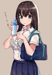 Rule 34 | 1girl, absurdres, bag, black bra, blue skirt, blush, bottle, bra, bra visible through clothes, breasts, brown background, brown hair, closed mouth, collared shirt, commentary request, dress shirt, green eyes, hair between eyes, hands up, highres, holding, holding bottle, idolmaster, idolmaster cinderella girls, idolmaster cinderella girls starlight stage, looking at viewer, medium breasts, norazura, pleated skirt, pocari sweat, school bag, school uniform, see-through, shibuya rin, shirt, simple background, skirt, solo, translation request, underwear, water bottle, wet, wet clothes, wet shirt, white shirt