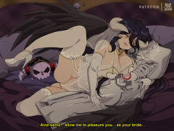 Rule 34 | 1girl, ainz ooal gown, albedo (overlord), black hair, black wings, bluethebone, breasts, bridal lingerie, bridal veil, bride, cleavage, commentary, dakimakura (object), elbow gloves, english commentary, english text, full body, garter straps, gloves, high heels, horns, large breasts, lingerie, long hair, on bed, overlord (maruyama), pillow, retro artstyle, subtitled, thighhighs, underwear, veil, white footwear, white gloves, wings, yellow eyes