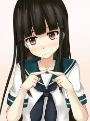 Rule 34 | 10s, 1girl, bad id, bad pixiv id, black hair, blunt bangs, blush, brown eyes, collarbone, fingers together, frown, gradient background, hatsuyuki (kancolle), index fingers together, kantai collection, long hair, looking away, neckerchief, sailor collar, school uniform, serafuku, solo, terakoya, wavy mouth