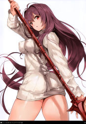 Rule 34 | 1girl, absurdres, ass, banned artist, breasts, fate/grand order, fate (series), gae bolg (fate), hair intakes, highres, holding, holding weapon, long hair, looking at viewer, looking back, medium breasts, open mouth, parsley-f, purple hair, red eyes, ribbed sweater, scan, scathach (fate), scathach (fate), solo, sweater, very long hair, weapon, white background