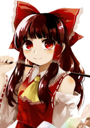 Rule 34 | 1girl, absurdres, ascot, bare shoulders, blunt bangs, blush, bow, breasts, brown hair, closed mouth, detached sleeves, eyebrows hidden by hair, frilled hair tubes, frilled shirt collar, frills, gohei, hair bow, hair tubes, hakurei reimu, highres, holding, holding stick, long hair, looking at viewer, maa (forsythia1729), red bow, red eyes, red skirt, red vest, ribbon-trimmed sleeves, ribbon trim, sidelocks, simple background, skirt, skirt set, small breasts, smile, solo, stick, touhou, unconnected marketeers, upper body, vest, white background, yellow ascot