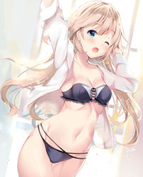 Rule 34 | 1girl, ;o, arm up, bad id, bad pixiv id, black bra, black panties, blonde hair, blue eyes, blush, bra, breasts, cleavage, collarbone, collared shirt, commentary request, day, dutch angle, hair between eyes, long hair, long sleeves, medium breasts, multi-strapped panties, navel, one eye closed, open clothes, open mouth, open shirt, original, panties, shirt, solo, standing, suihi, sunlight, underwear, very long hair, white shirt, window