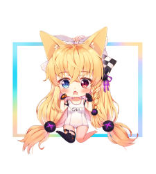 Rule 34 | 1girl, animal ears, bad id, bad pixiv id, bare legs, bare shoulders, barefoot, black gloves, black thighhighs, blonde hair, blue eyes, blush, bow, braid, breasts, cat ears, character name, chibi, collarbone, commentary request, fang, foreign blue, g41 (beach punk 2064) (girls&#039; frontline), g41 (girls&#039; frontline), girls&#039; frontline, gloves, hair between eyes, hair bow, hair ornament, hair ribbon, heterochromia, highres, korean commentary, long hair, low-tied long hair, name tag, official alternate costume, old school swimsuit, one-piece swimsuit, open mouth, purple ribbon, red eyes, ribbon, school swimsuit, side braid, single braid, single thighhigh, sitting, small breasts, solo, stirrup legwear, swimsuit, thighhighs, toeless legwear, very long hair, wariza, white bow, white one-piece swimsuit, white school swimsuit