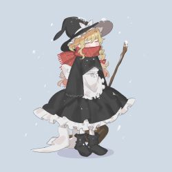Rule 34 | 1girl, adapted costume, apron, black footwear, black hat, black shirt, blonde hair, blue background, boots, bow, braid, broom, closed eyes, commentary, full body, hair bow, hat, hat bow, highres, kirisame marisa, long hair, long sleeves, red bow, red scarf, scarf, shirt, single braid, snow on head, snowing, sobamushi mo, solo, symbol-only commentary, touhou, white bow, white legwear, witch hat