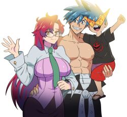 Rule 34 | 1girl, 2boys, alternate universe, blue hair, breasts, carrying, child, child carry, crossover, family, feet out of frame, galo thymos, glasses, hand on own hip, huge breasts, kamina (ttgl), kitsune23star, large breasts, long hair, long sleeves, looking at viewer, multiple boys, muscular, muscular male, necktie, open mouth, promare, red hair, sandals, shirt, short hair, smile, spiked hair, standing, studio trigger, sunglasses, tengen toppa gurren lagann, waving, yellow eyes, yoko littner