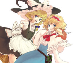 Rule 34 | 2girls, alice margatroid, blonde hair, blue eyes, book, braid, doll, female focus, gloves, grimoire, grimoire of alice, hairband, hat, kirisame marisa, long sleeves, multiple girls, open mouth, outstretched arm, pointing, short hair, side braid, simple background, smile, sugi, touhou, white background, white gloves