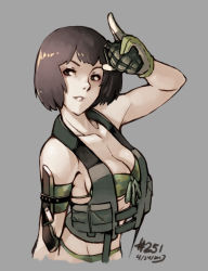 Rule 34 | 1girl, 2013, armband, bikini, black hair, breasts, cleavage, dated, explosive, gloves, grasshopper manufacture, grenade, highres, holly summers, holster, junkpuyo, knife, large breasts, load bearing vest, no more heroes, salute, short hair, simple background, solo, swimsuit, underboob, upper body
