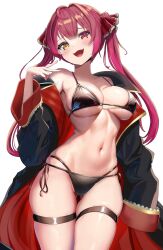 Rule 34 | 1girl, bikini, black bikini, black coat, blush, breasts, coat, collarbone, commentary request, cowboy shot, dot nose, fang, fingernails, furrowed brow, gluteal fold, hair ribbon, hand up, head tilt, heterochromia, highres, hololive, houshou marine, large breasts, light blush, long hair, long sleeves, looking at viewer, multi-strapped bikini bottom, navel, nekonosuke, o-ring, o-ring bikini, open clothes, open coat, open mouth, red eyes, red hair, red ribbon, ribbon, side-tie bikini bottom, simple background, single bare shoulder, skin fang, skindentation, sleeves past fingers, sleeves past wrists, smile, solo, standing, stomach, swimsuit, thigh gap, thigh strap, twintails, underboob, v, virtual youtuber, white background, wide sleeves, yellow eyes