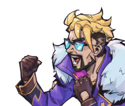 Rule 34 | 1boy, :d, beard, blonde hair, brown gloves, clenched hands, draven, facial hair, from side, fur-trimmed jacket, fur trim, gloves, hands up, jacket, league of legends, male focus, open mouth, phantom ix row, short hair, simple background, smile, solo, soul fighter draven, sunglasses, undercut, white background