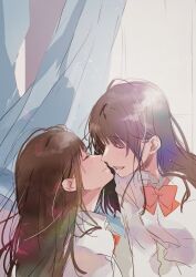 Rule 34 | 2girls, brown hair, closed eyes, couple, curtains, fly (marguerite), highres, imminent kiss, indoors, long hair, messy hair, multiple girls, open mouth, original, school uniform, upper body, wind, window, yuri