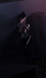 Rule 34 | 1girl, absurdres, ayano aishi, blood, brown hair, creepy, glowing, glowing eyes, hands on own cheeks, hands on own face, highres, horror (theme), incredibly absurdres, josh (that-bleach-fan), open mouth, red eyes, school uniform, serafuku, smile, solo, yandere, yandere simulator, yandere trance