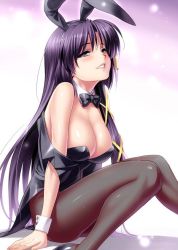 Rule 34 | 1girl, animal ears, bare shoulders, black hair, blush, bow, bowtie, breasts, cleavage, covered erect nipples, detached collar, fake animal ears, hair ribbon, jpeg artifacts, kurugaya yuiko, large breasts, little busters!, long hair, looking at viewer, pantyhose, parted lips, playboy bunny, purple eyes, purple hair, rabbit ears, ribbon, sitting, solo, tailcoat, very long hair, wrist cuffs, zen