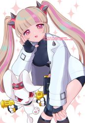 Rule 34 | aasaagame, blush, crop top, fortnite, gun, happy, highres, holding, holding gun, holding weapon, jacket, lennox rose, multicolored hair, ponytail, rabbit, spiked jacket, weapon, whispering