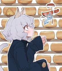 Rule 34 | 1other, 2020, aioi u, animal, animal ears, artist name, blush, brown eyes, cat ears, cat tail, cheese, cheese wheel, chinese zodiac, fingernails, food, grey hair, grey tail, highres, hunter x hunter, long sleeves, mouse (animal), neferpitou, outline, sharp fingernails, short hair, sleeves past wrists, tail, tail raised, v-shaped eyebrows, white outline, year of the rat