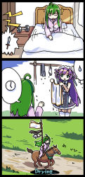 Rule 34 | 2girls, 3678177, 3koma, ^^^, ahoge, barefoot, bed, black necktie, carrie (sennen sensou aigis), clock, closed eyes, clothesline, collared shirt, comic, dumbbell, english text, flying sweatdrops, garter straps, gloves, grass, green eyes, green hair, hair rings, holding, holding clothes, horse, horseback riding, indoors, laundry, leone (sennen sensou aigis), long hair, long sleeves, maid headdress, motion lines, multiple girls, necktie, open mouth, outdoors, pajamas, parted lips, path, purple hair, riding, road, sennen sensou aigis, shirt, sitting, speech bubble, sword, thighhighs, waking up, water drop, weapon, wet, wet clothes, white gloves, white legwear, white shirt, wing collar, | |