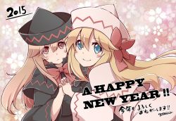 Rule 34 | 2015, 2girls, black dress, blonde hair, blue eyes, bow, capelet, dress, dual persona, holding hands, happy new year, hat, hat bow, interlocked fingers, lily black, lily white, long hair, long sleeves, multiple girls, new year, pink dress, pink eyes, smile, touhou, wide sleeves, yutamaro