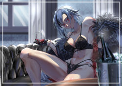 Rule 34 | 1girl, absurdres, arlecchino (genshin impact), black bra, black gloves, black hair, black panties, blurry, blurry foreground, bottle, bra, breasts, cleavage, collarbone, couch, cup, drinking glass, framed, genshin impact, gloves, grey hair, half gloves, highres, holding, holding cup, ice, ice cube, indoors, looking at viewer, medium breasts, multi-strapped panties, multicolored hair, navel, open mouth, otak raptor, panties, red eyes, red lips, short hair, sideboob, sitting, solo, sparkle, two-tone hair, underwear, underwear only, wine bottle, wine glass