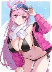 Rule 34 | 1girl, absurdres, bikini, black bikini, blue archive, blush, breasts, cleavage, closed mouth, cowboy shot, eimi (blue archive), eimi (swimsuit) (blue archive), halo, highres, jacket, large breasts, long hair, official alternate costume, open clothes, open jacket, pink eyes, pink hair, pink halo, pink jacket, pipipipyu, ponytail, scarf, side-tie bikini bottom, smile, solo, swimsuit, very long hair, white scarf