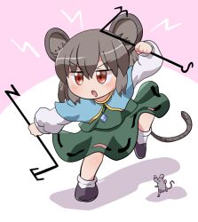 Rule 34 | 1girl, animal, animal ears, black dress, black footwear, blue capelet, blush, capelet, dowsing rod, dress, full body, grey hair, highres, holding, jewelry, long sleeves, mouse (animal), mouse ears, mouse tail, nazrin, open mouth, pendant, red eyes, rokugou daisuke, shoes, short hair, signature, socks, solo, tail, touhou, white socks