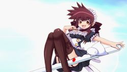Rule 34 | apron, board game, bow, breasts, brown hair, collar, frills, hair ornament, headdress, lowres, mahjong, maid, maid apron, moeru mahjong moejong (moejan), necktie, sitting, skirt, sky, stick, thighhighs, tsukuda moeko