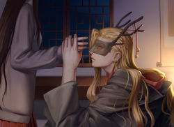 Rule 34 | 1boy, 1girl, absurdres, bell, blonde hair, brown hair, character request, closed mouth, earrings, fake horns, fingernails, forever 7th capital, holding hands, hanging scroll, hejia abby, highres, holding, horned headwear, horned mask, horns, indoors, jewelry, long hair, long sleeves, mask, red neckwear, red skirt, scroll, skirt, tassel, tassel earrings, wide sleeves, window