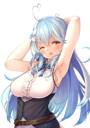 Rule 34 | 1girl, absurdres, ahoge, armpits, arms behind head, arms up, belt, black bow, black bowtie, blouse, blue hair, blush, bow, bowtie, breasts, framed breasts, hair between eyes, heart, heart ahoge, highres, hololive, large breasts, leather belt, long hair, multicolored hair, nyoon, one eye closed, open mouth, shirt, simple background, sleeveless, sleeveless shirt, solo, streaked hair, stretching, tearing up, transparent background, upper body, virtual youtuber, white background, white shirt, yawning, yellow eyes, yukihana lamy