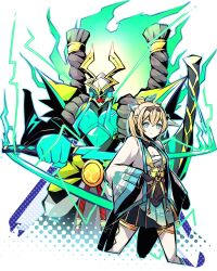 Rule 34 | armor, digimon, electricity, green eyes, highres, kazuchimon, skirt, sword, weapon