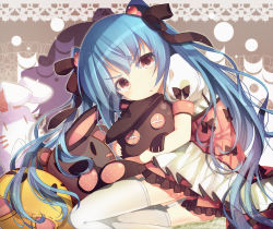 Rule 34 | 1girl, bison cangshu, blue hair, bow, brown eyes, hugging doll, garter straps, hair bobbles, hair ornament, hair ribbon, hatsune miku, long hair, looking at viewer, hugging object, ribbon, skirt, solo, thighhighs, twintails, vocaloid, white thighhighs