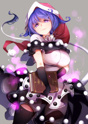 Rule 34 | 1girl, absurdres, black gloves, black thighhighs, book, breasts, closed mouth, doremy sweet, dress, gloves, grey background, hat, highres, holding, holding book, large breasts, light particles, long hair, looking at viewer, nightcap, pom pom (clothes), purple eyes, purple hair, raptor7, red hat, simple background, solo, tail, tapir tail, thighhighs, touhou, white dress
