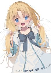 Rule 34 | 1girl, angel wings, blonde hair, blue bow, blue eyes, blue neckwear, blush, bow, braid, dress, eip (pepai), feathers, filo (tate no yuusha no nariagari), frilled sleeves, frills, happy, holding, holding own hair, long hair, long sleeves, looking at viewer, parted bangs, smile, solo, straight hair, tate no yuusha no nariagari, twin braids, upper body, white background, white feathers, wings