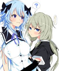 Rule 34 | 2girls, :3, ?, ahoge, arms at sides, assault lily, bad id, bad twitter id, black bow, black jacket, black sailor collar, blue eyes, blue hair, blush, bow, braid, breasts, buttons, closed mouth, commentary request, covered erect nipples, detached sleeves, fang, fang out, grey hair, hair between eyes, hair bow, highres, hood, hood down, hooded jacket, hug, jacket, kanabako misora, kikikaikai (kikikaikai chan), long hair, long sleeves, looking at another, looking at viewer, looking to the side, low twintails, medium breasts, mori tatsuki, multiple girls, neck ribbon, purple eyes, purple ribbon, ribbon, sailor collar, school uniform, serafuku, shirt, short sleeves, side-by-side, sidelocks, simple background, smile, spoken question mark, standing, twin braids, twintails, upper body, v-shaped eyebrows, very long hair, white background, white shirt, wide sleeves, yurigaoka girls academy school uniform