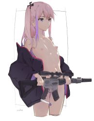 Rule 34 | 1girl, assault rifle, backlighting, blue eyes, coat, commentary, convenient censoring, cowboy shot, cropped legs, flat chest, girls&#039; frontline, gun, had (had314), hair ornament, highres, multicolored hair, naked coat, nipples, one side up, pink hair, rifle, sidelocks, simple background, solo, st ar-15 (girls&#039; frontline), streaked hair, symbol-only commentary, weapon, white background