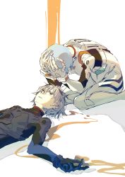 Rule 34 | 1boy, 1girl, absurdres, ayanami rei, bleeding, blood, blue bodysuit, blue gloves, blue hair, bodysuit, chinese commentary, commentary request, gloves, grey hair, hands on own head, highres, interface headset, iwapd3, lcl, looking at another, lying, nagisa kaworu, neon genesis evangelion, on back, parted lips, plugsuit, red eyes, shadow, short hair, simple background, sitting, wariza, white background, white bodysuit, white gloves
