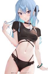 Rule 34 | 1girl, absurdres, artist name, black choker, black panties, black ribbon, black shirt, blue eyes, blue hair, bracelet, breasts, character name, choker, cowboy shot, crop top, hair between eyes, hair ribbon, haru on, highres, holding, holding hair, hololive, hoshimachi suisei, jewelry, long hair, looking at viewer, navel, one side up, panties, parted lips, ribbon, shirt, short sleeves, simple background, small breasts, solo, standing, star (symbol), star in eye, stomach, symbol in eye, underwear, virtual youtuber, white background