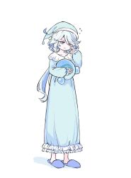 Rule 34 | 1girl, ahoge, blue eyes, blue footwear, blue hair, blue hat, blue nightgown, closed mouth, collarbone, eyelashes, frilled nightgown, frilled sleeves, frills, frown, furina (genshin impact), genshin impact, hair between eyes, hand up, hat, highres, himeko (nico6v6pachi), holding, holding stuffed toy, hydro eidolon (genshin impact), long hair, long sleeves, multicolored hair, nightcap, nightgown, one eye closed, puffy long sleeves, puffy sleeves, rubbing eyes, sidelocks, simple background, slippers, solo, squeans, standing, streaked hair, stuffed toy, swept bangs, v-shaped eyebrows, white background, white hair