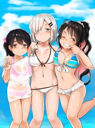 Rule 34 | 10s, 3girls, ;), ahoge, alternate costume, alternate hairstyle, bare shoulders, bikini, black hair, blue eyes, blush, breasts, cleavage, cloud, day, finger in own mouth, girl sandwich, hair ornament, hair over one eye, hair ribbon, hairclip, hamakaze (kancolle), kantai collection, knees together feet apart, large breasts, leg up, long hair, looking at viewer, multicolored bikini, multicolored clothes, multicolored hair, multicolored stripes, multiple girls, naganami (kancolle), navel, one eye closed, pink bikini, pink hair, ponytail, ribbon, sandwiched, satsuki neko, scrunchie, see-through, shiny skin, shirt, short hair, silver hair, sky, smile, striped, swimsuit, ushio (kancolle), v, wet, wet clothes, wet shirt, white bikini, yellow eyes